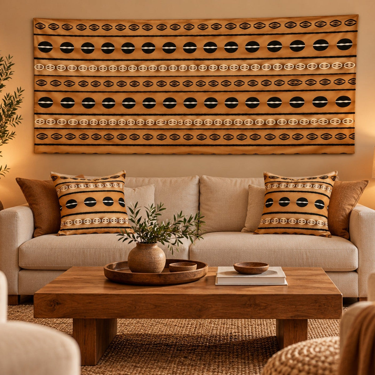 Suggestion de décoration salon avec tenture bogolan et deux housses
