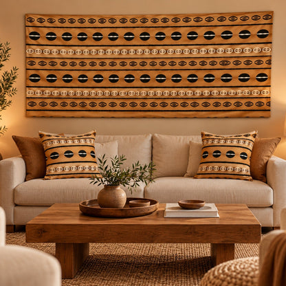 Suggestion de décoration salon avec tenture bogolan et deux housses